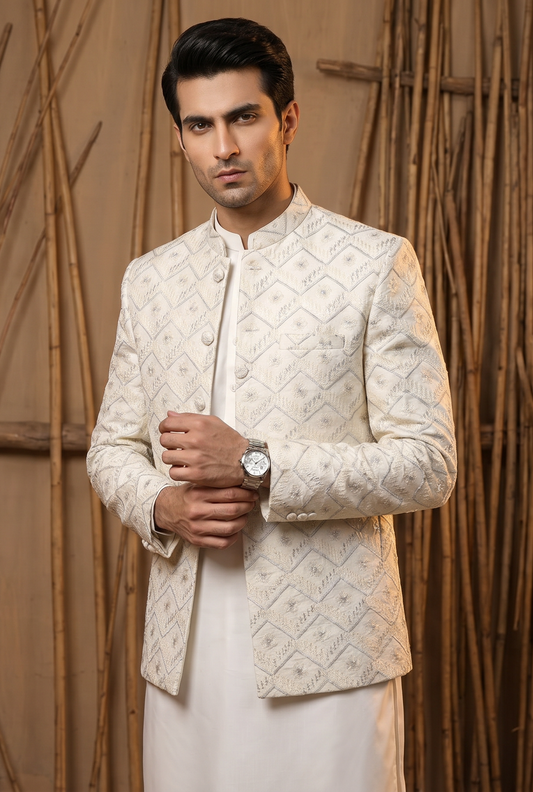 Takhtt – Premium Off-White Indian Jacquard Embroidered Prince Coat