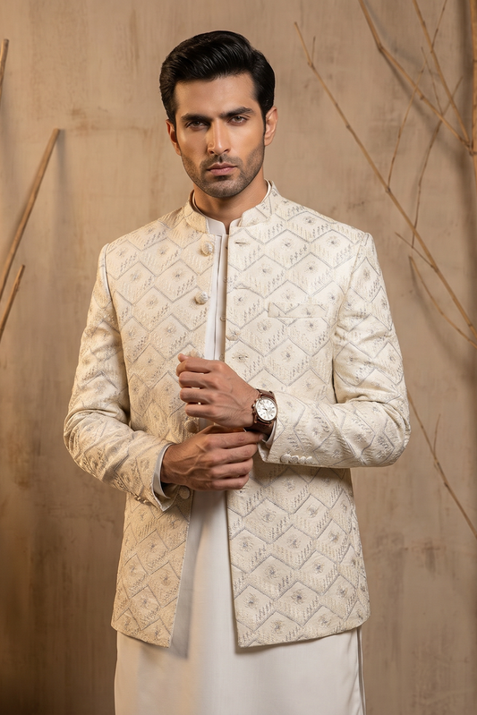 Takhtt – Premium Off-White Indian Jacquard Embroidered Prince Coat