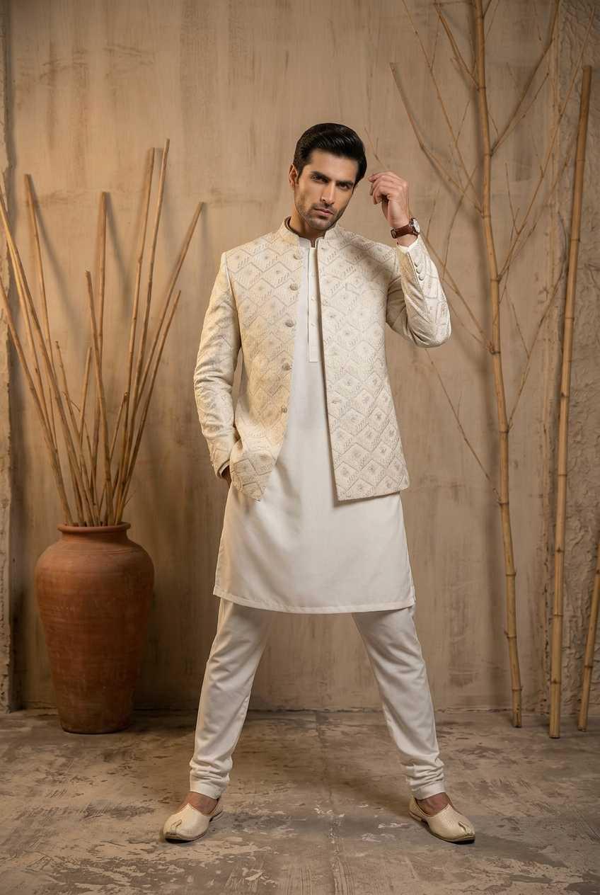 Takhtt – Premium Off-White Indian Jacquard Embroidered Prince Coat