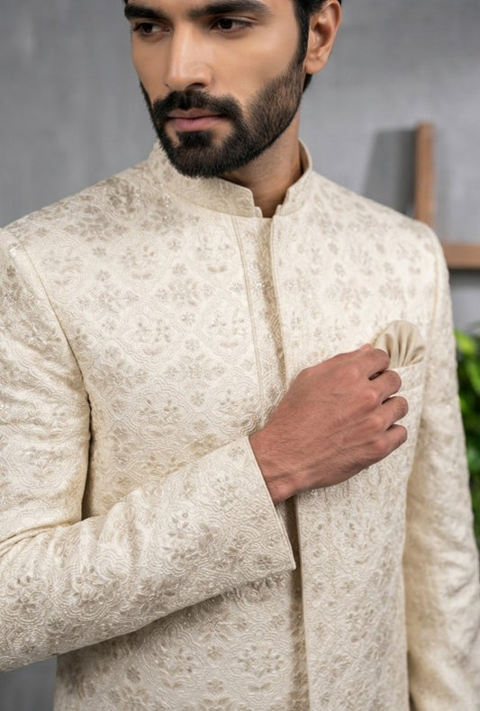 Tajdaar – Premium Off-White Satin Embroidered Prince Coat