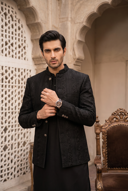 Shaahi – Premium Black Georgette Embroidered Prince Coat
