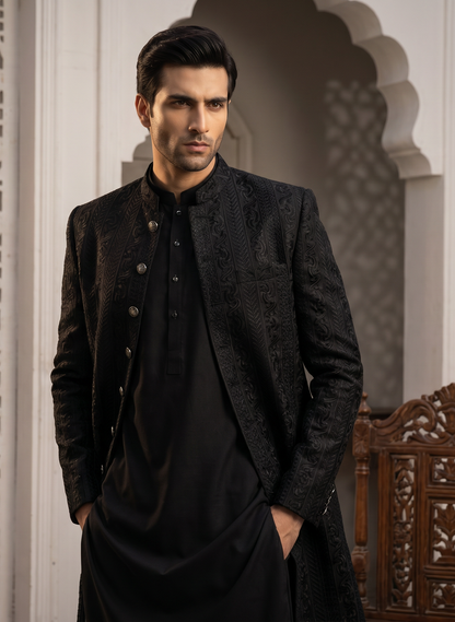 Shaahi – Premium Black Georgette Embroidered Prince Coat
