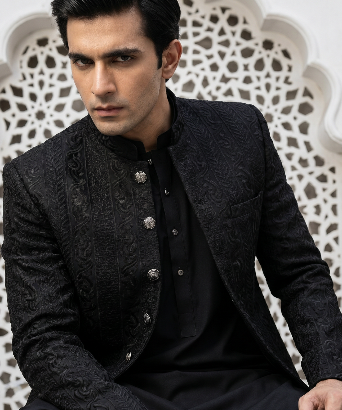 Shaahi – Premium Black Georgette Embroidered Prince Coat