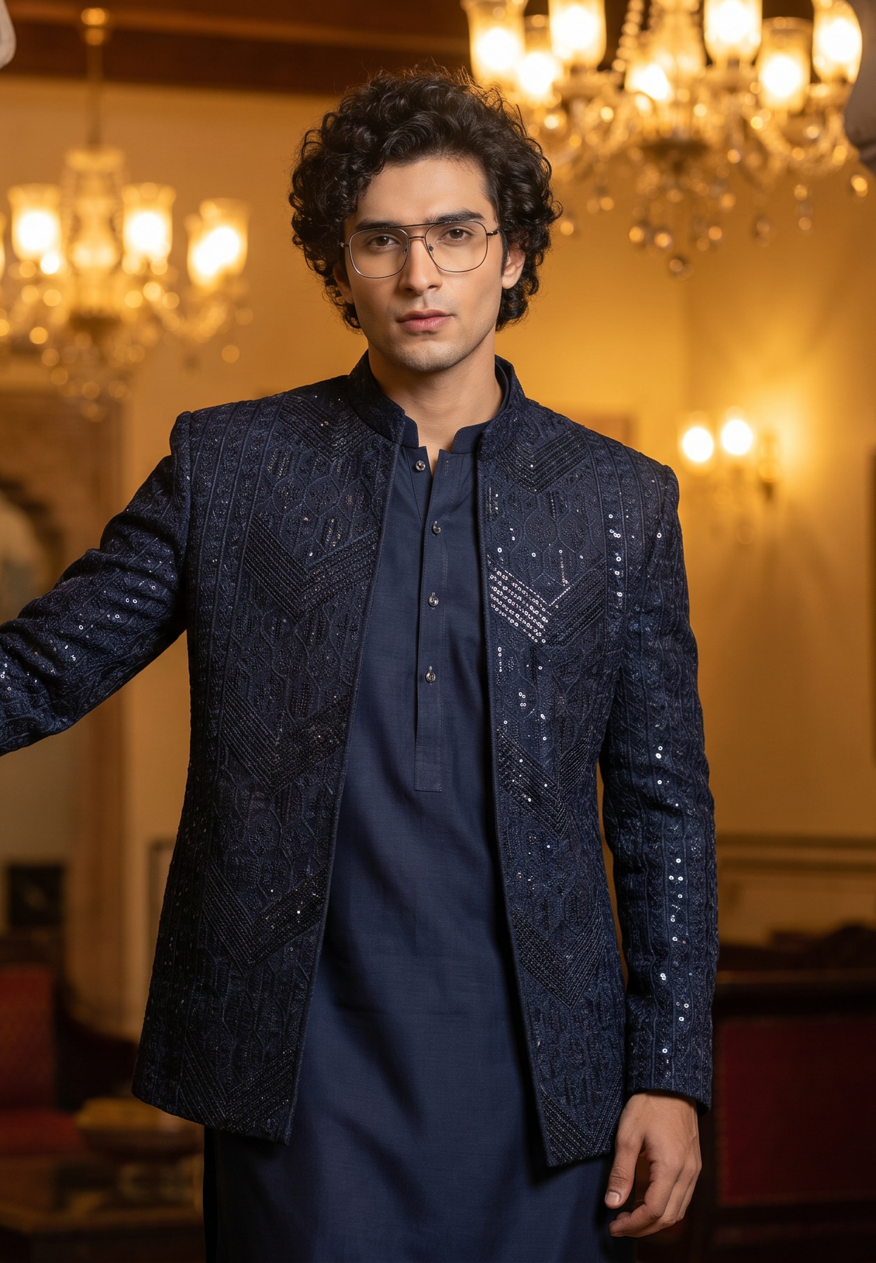 Blue Saltanat – Premium Blue Viscose Raw Silk Embroidered Prince Coat