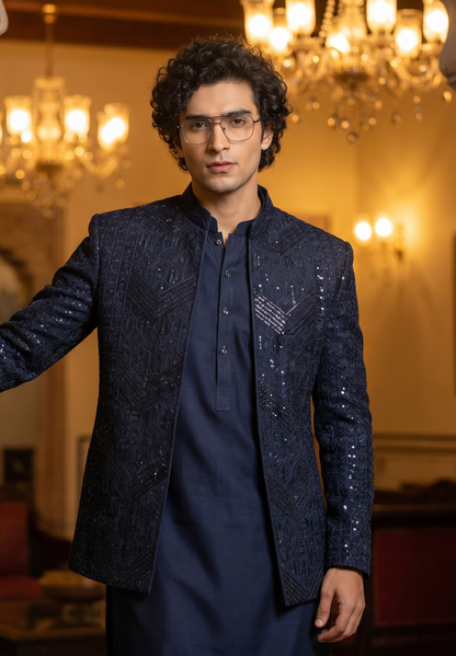 Blue Saltanat – Premium Blue Viscose Raw Silk Embroidered Prince Coat