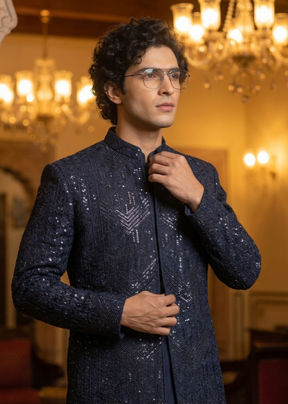 Blue Saltanat – Premium Blue Viscose Raw Silk Embroidered Prince Coat