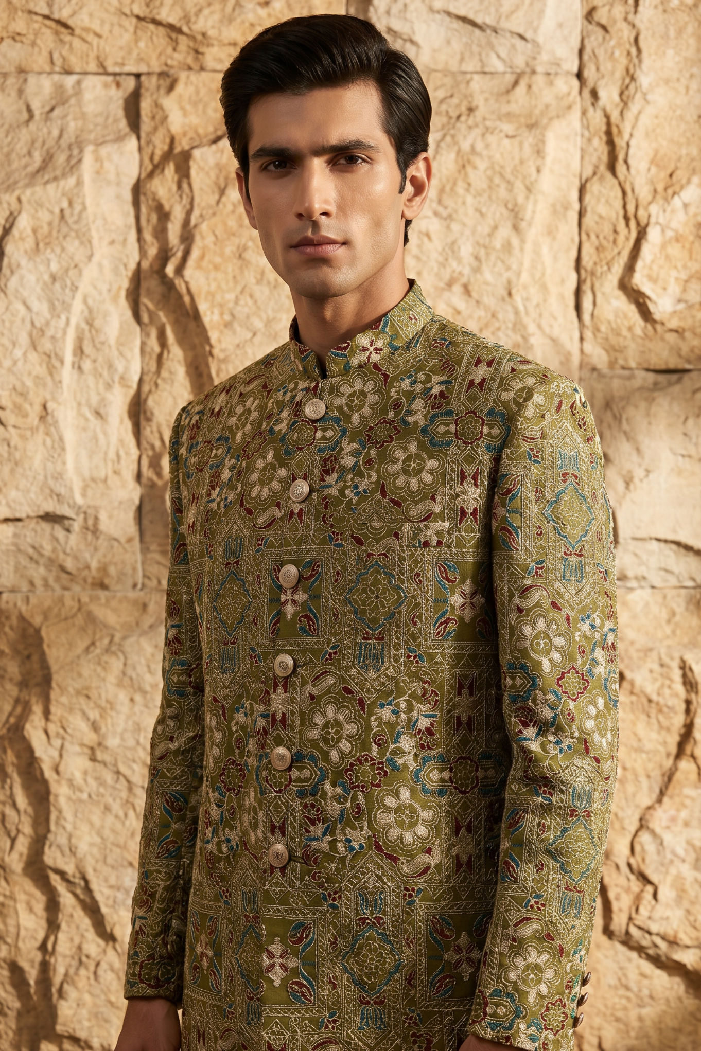 Baagh – Premium Mehandi Cotton Silk Embroidered Prince Coat
