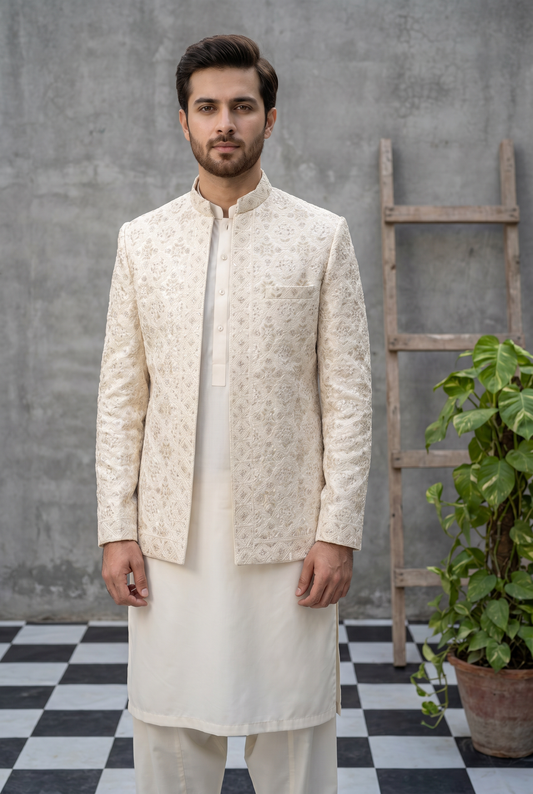 Tajdaar – Premium Off-White Satin Embroidered Prince Coat