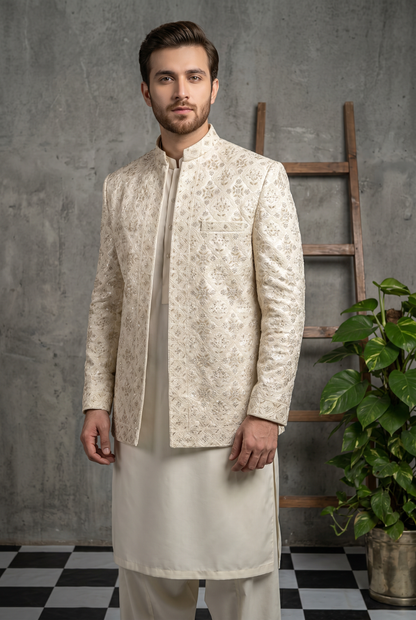 Tajdaar – Premium Off-White Satin Embroidered Prince Coat