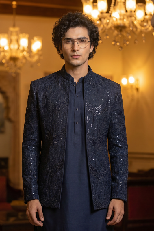 Blue Saltanat – Premium Blue Viscose Raw Silk Embroidered Prince Coat