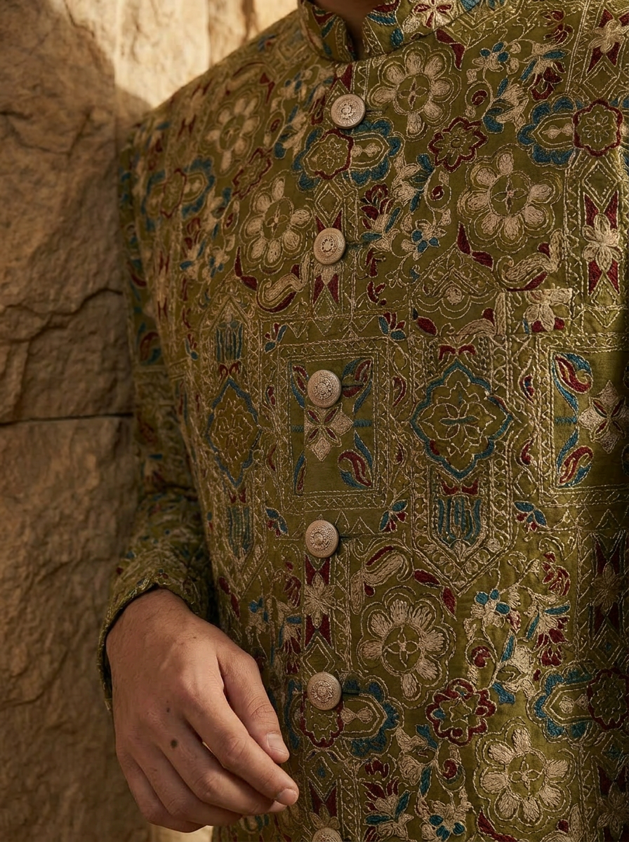Baagh – Premium Mehandi Cotton Silk Embroidered Prince Coat