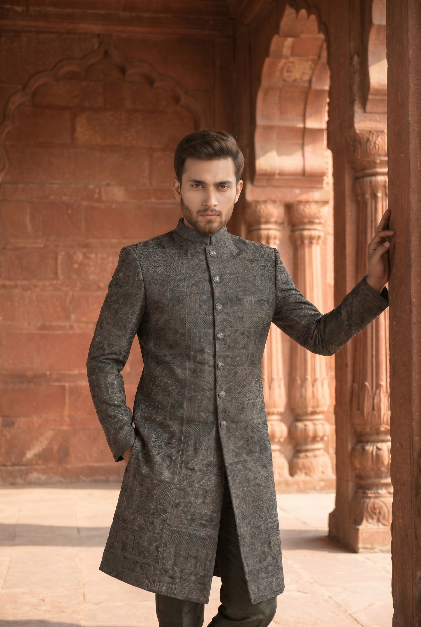 Mehraab – Premium Jacquard Polyester & Zari Mehraab Floral Printed Sherwani