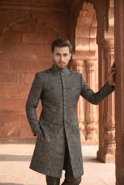 Mehraab – Premium Jacquard Polyester & Zari Mehraab Floral Printed Sherwani