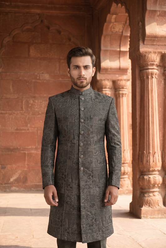 Mehraab – Premium Jacquard Polyester & Zari Mehraab Floral Printed Sherwani
