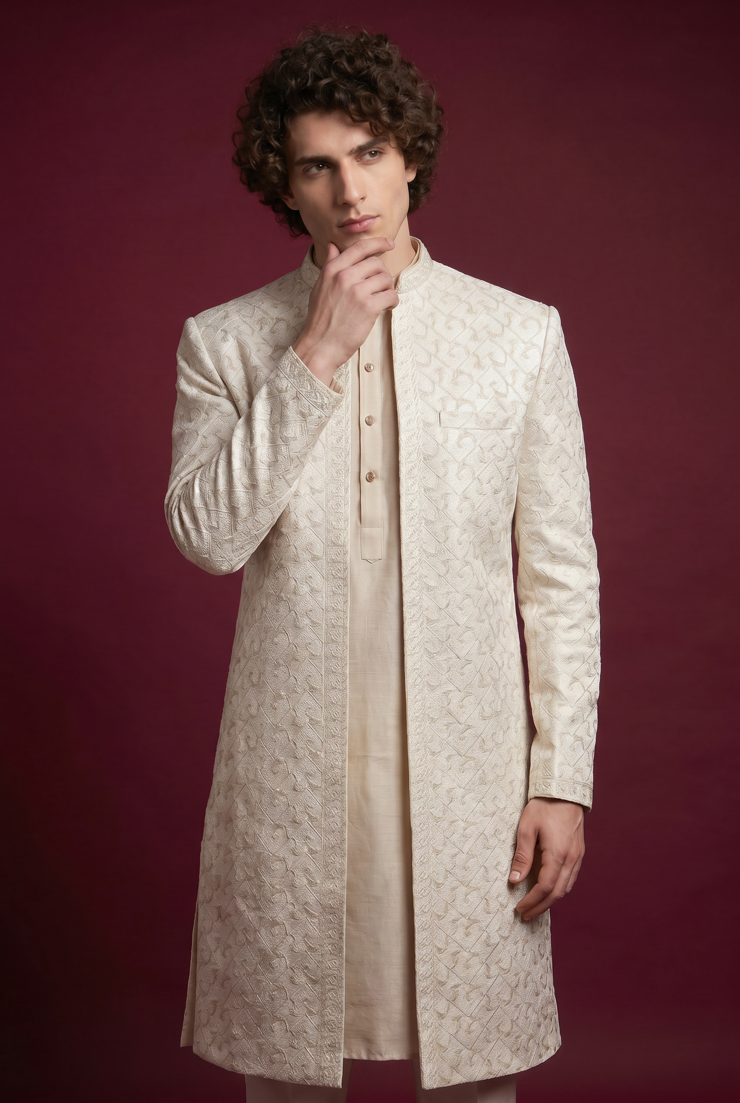 Moseeqi – Premium Satin Viscose Embroidered Geometrical Printed Sherwani
