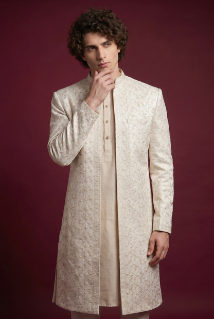 Moseeqi – Premium Satin Viscose Embroidered Geometrical Printed Sherwani