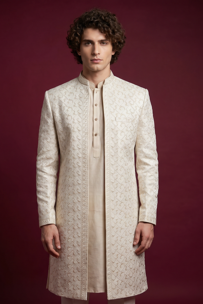 Moseeqi – Premium Satin Viscose Embroidered Geometrical Printed Sherwani