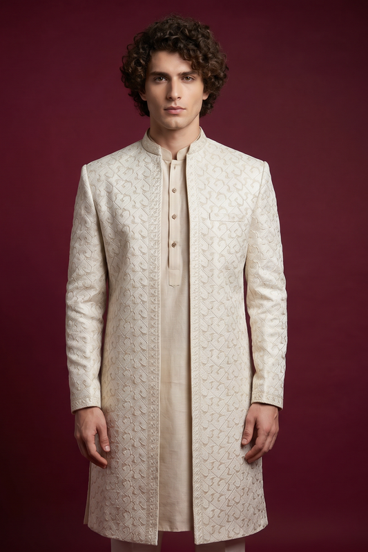 Moseeqi – Premium Satin Viscose Embroidered Geometrical Printed Sherwani