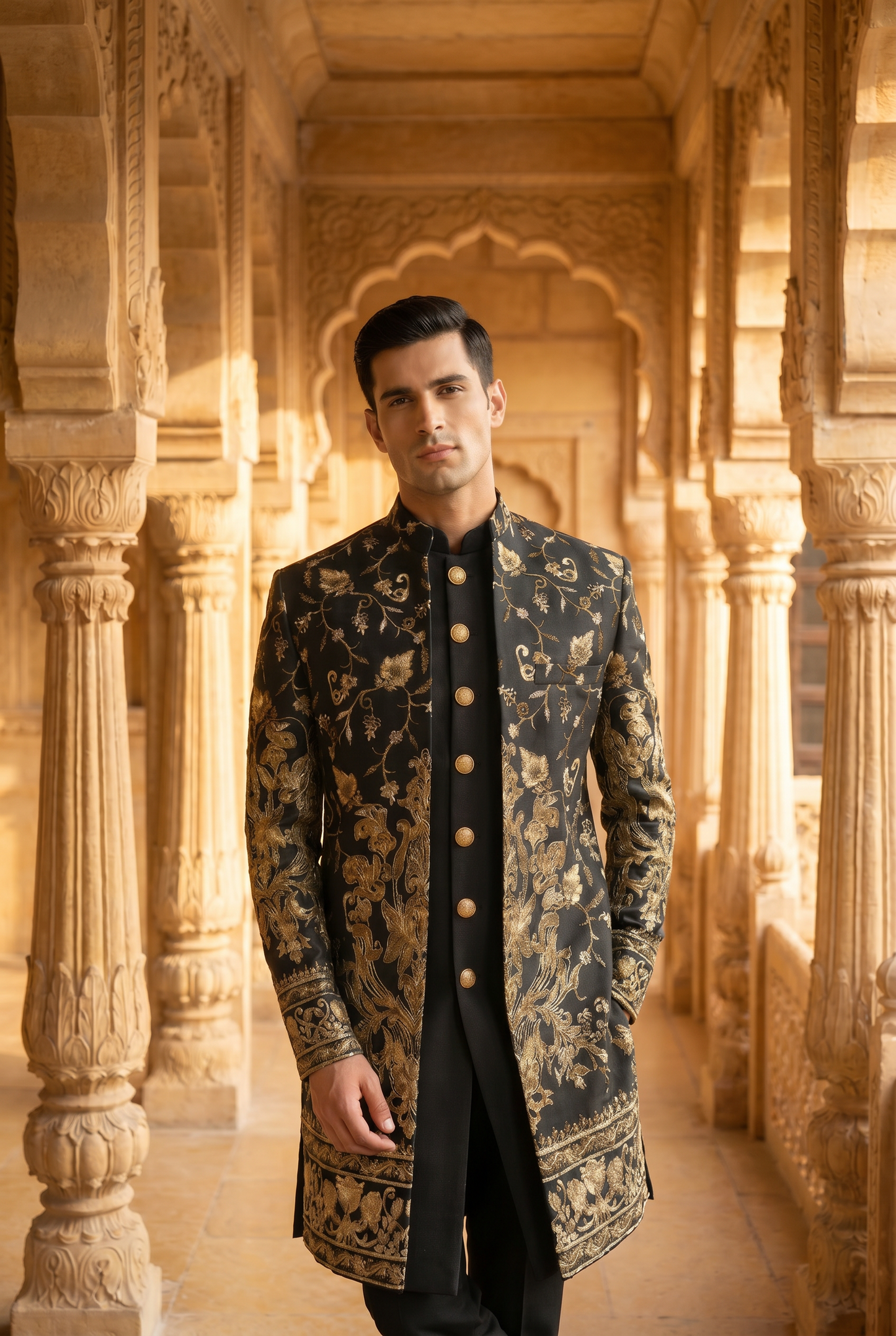 Mughal E Zar – Premium Cotton Silk Total Zari Floral Bunch Sherwani