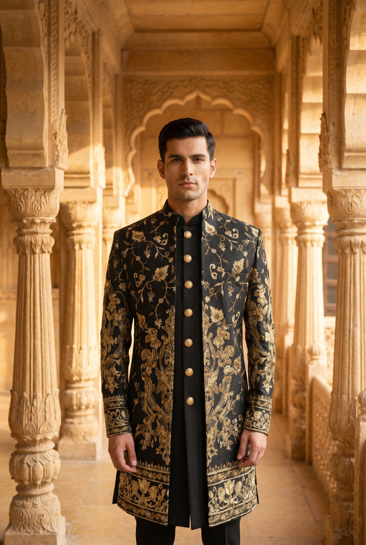 Mughal E Zar – Premium Cotton Silk Total Zari Floral Bunch Sherwani