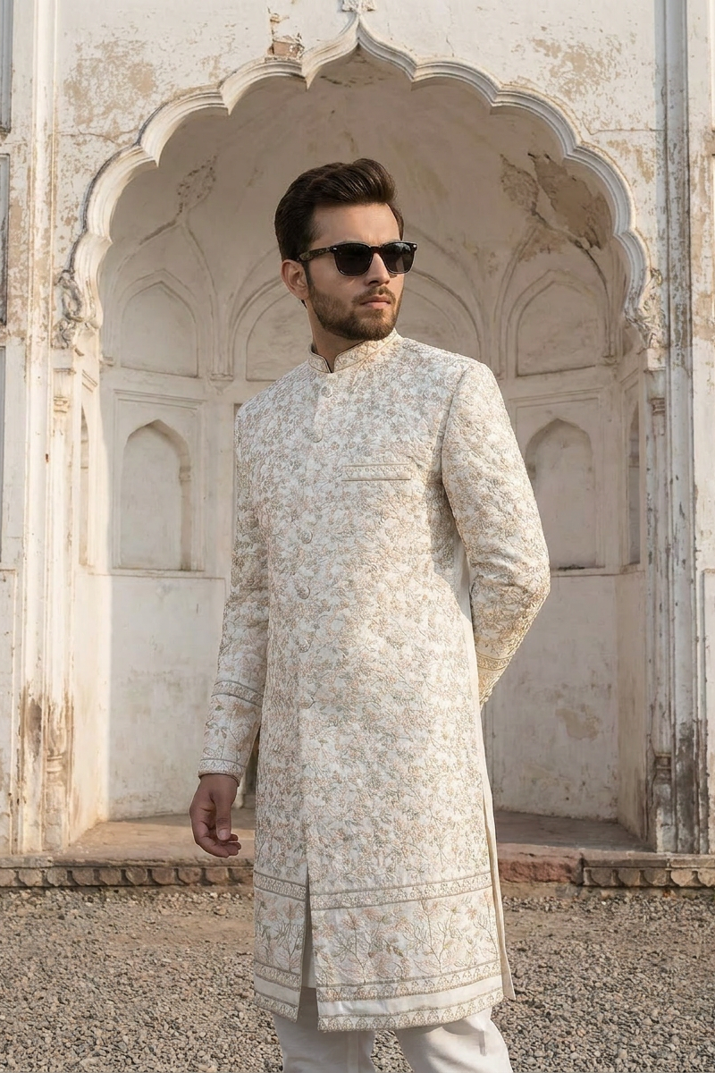 Mah E Tamaam – Premium Cotton Silk Zari Floral Jaal Sherwani