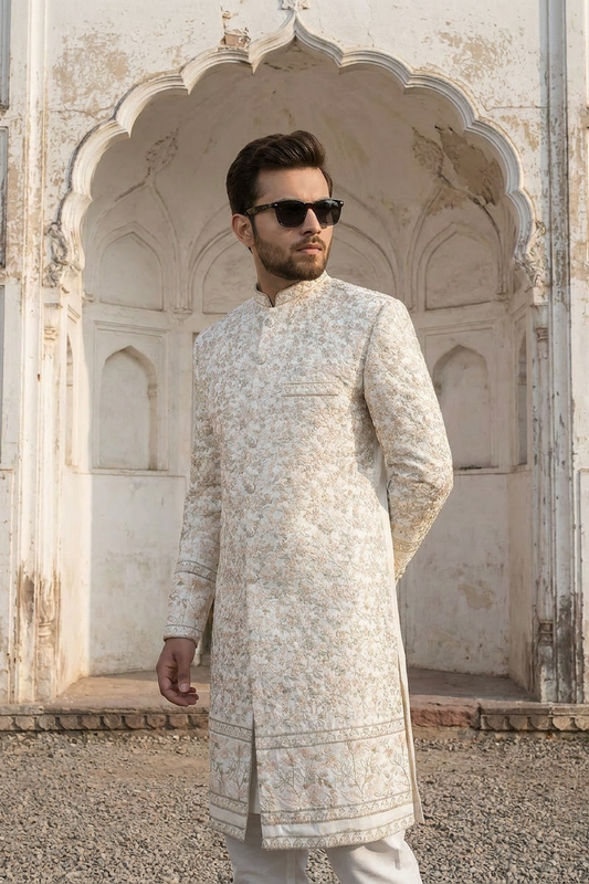 Mah E Tamaam – Premium Cotton Silk Zari Floral Jaal Sherwani