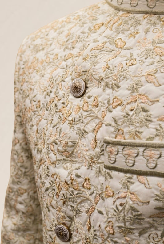 Mah E Tamaam – Premium Cotton Silk Zari Floral Jaal Sherwani