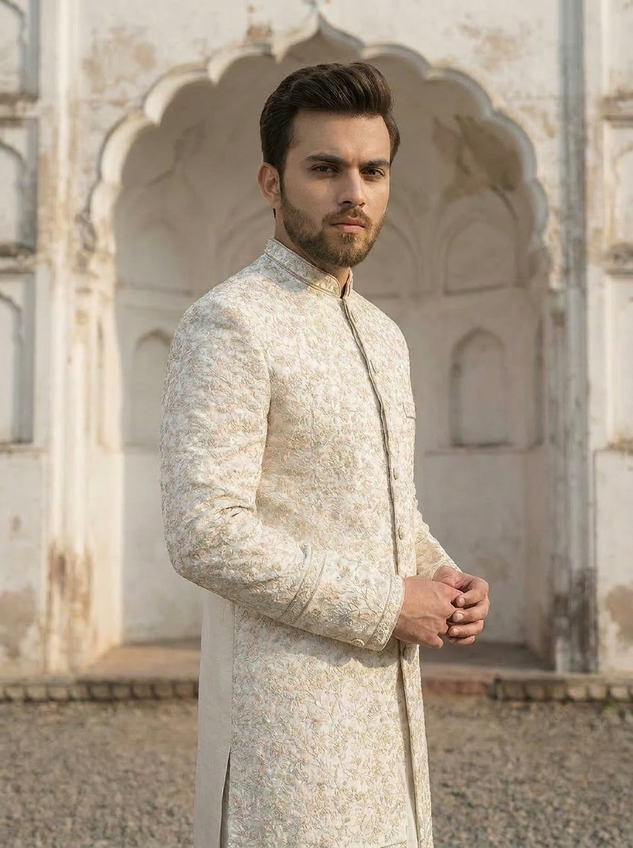 Mah E Tamaam – Premium Cotton Silk Zari Floral Jaal Sherwani
