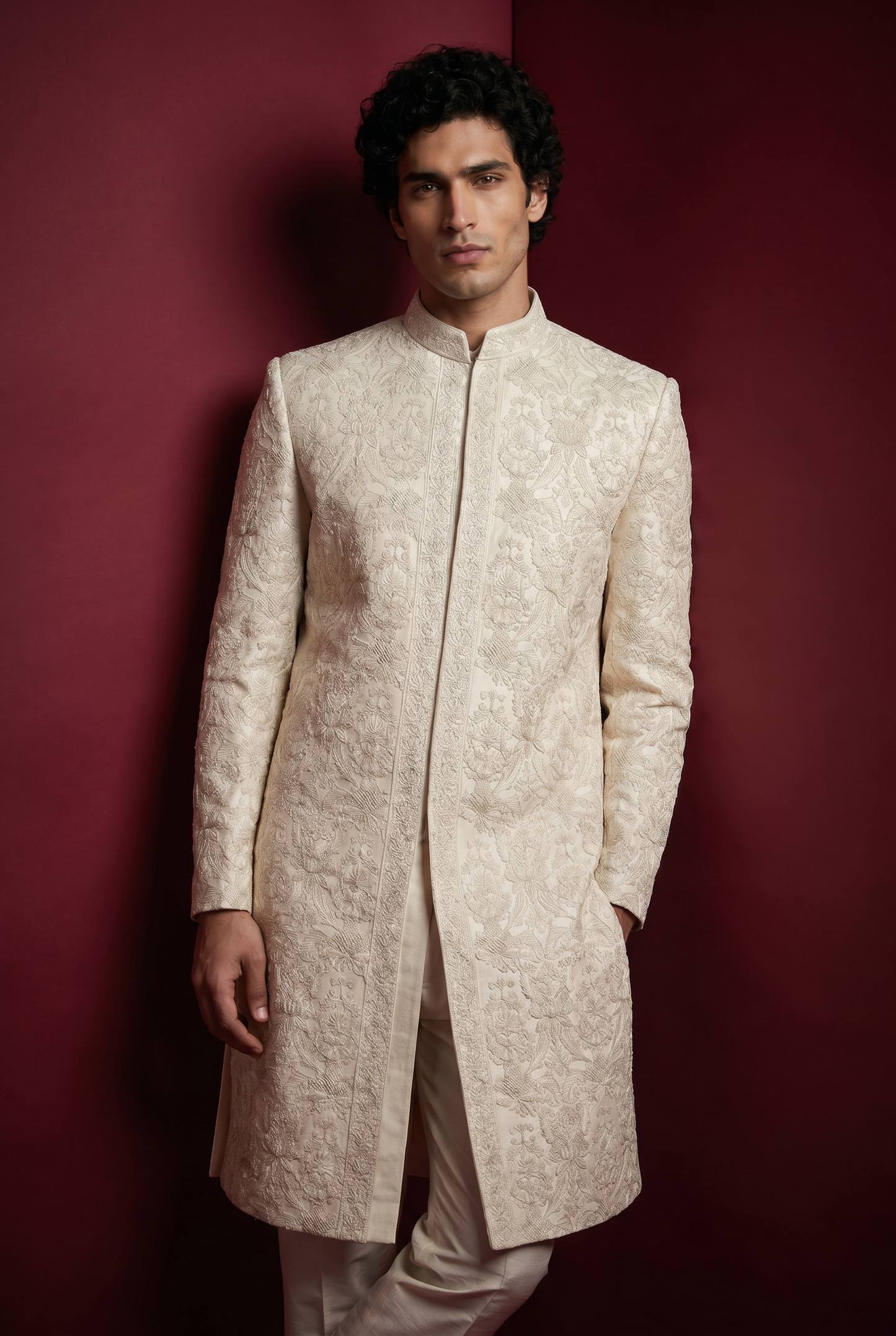Zaviyar – Premium Satin Polyester & Zari Floral Jaal Printed Sherwani