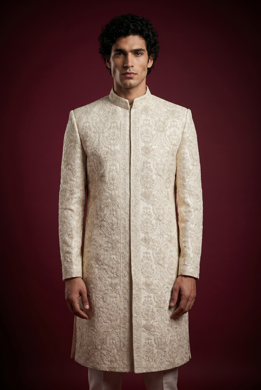 Zaviyar – Premium Satin Polyester & Zari Floral Jaal Printed Sherwani