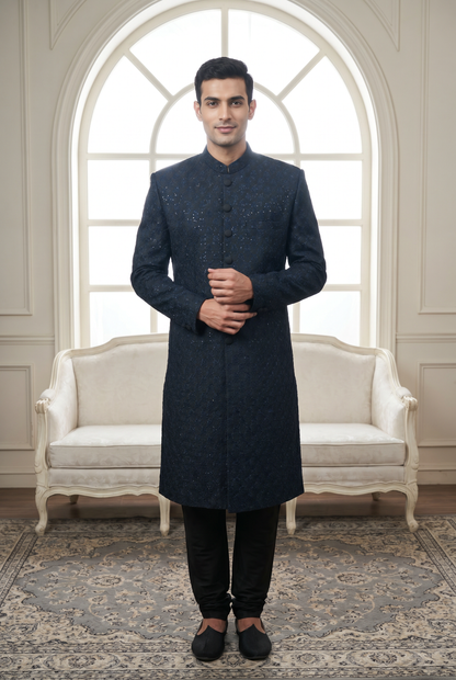 Qurbat – Premium Jacquard Polyester Floral Sequin Embroidered Sherwani