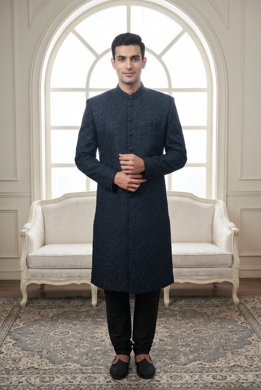 Qurbat – Premium Jacquard Polyester Floral Sequin Embroidered Sherwani
