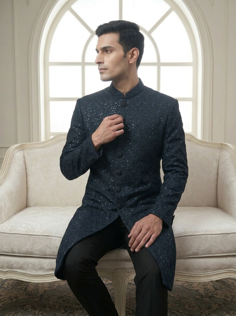 Qurbat – Premium Jacquard Polyester Floral Sequin Embroidered Sherwani