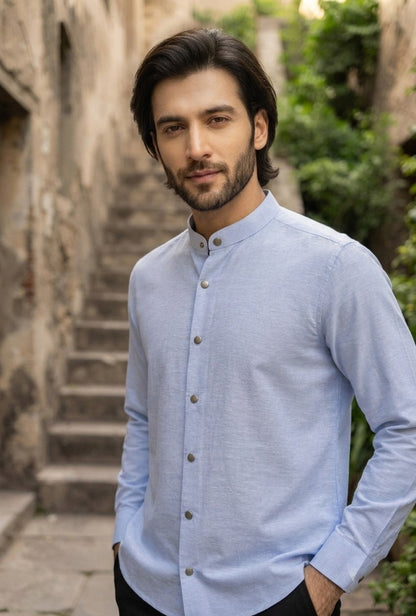 Irish Linen – Sky Blue Snap-Button Shirt