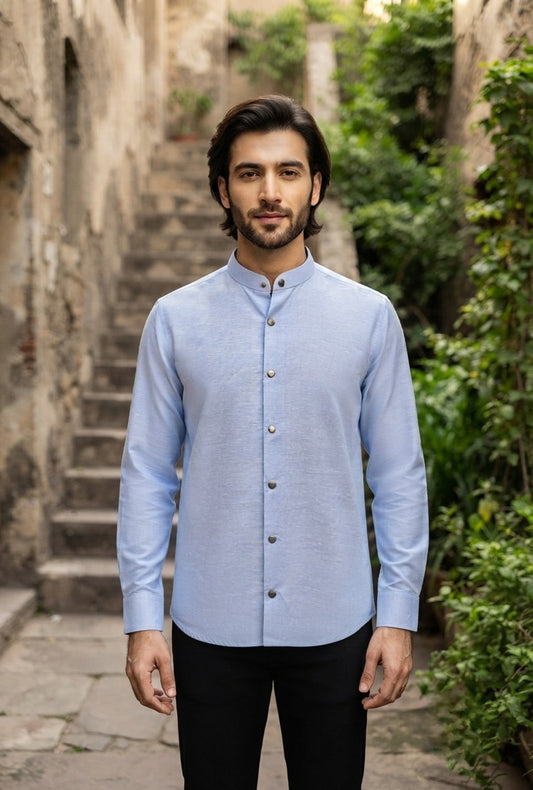 Irish Linen – Sky Blue Snap-Button Shirt