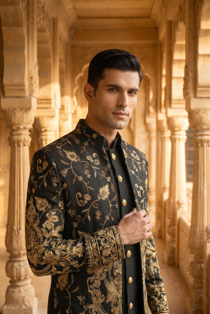 Mughal E Zar – Premium Cotton Silk Total Zari Floral Bunch Sherwani
