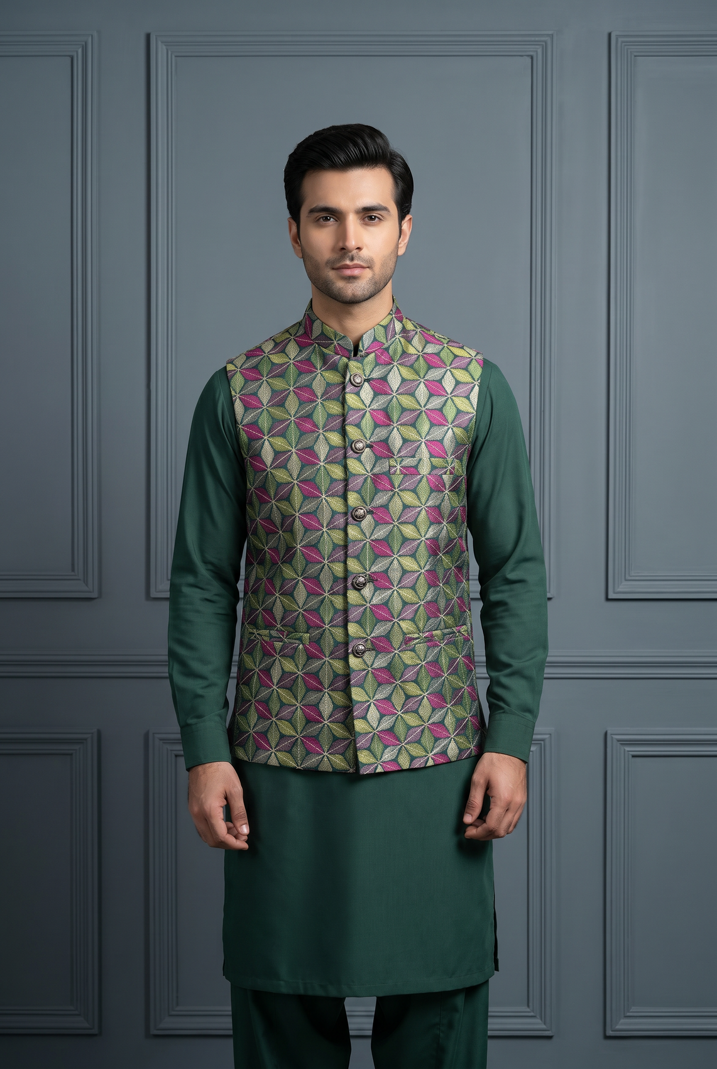 Rangrez – Premium Multi-Colored Geometric Embroidered Waistcoat