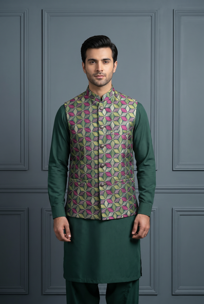 Rangrez – Premium Multi-Colored Geometric Embroidered Waistcoat