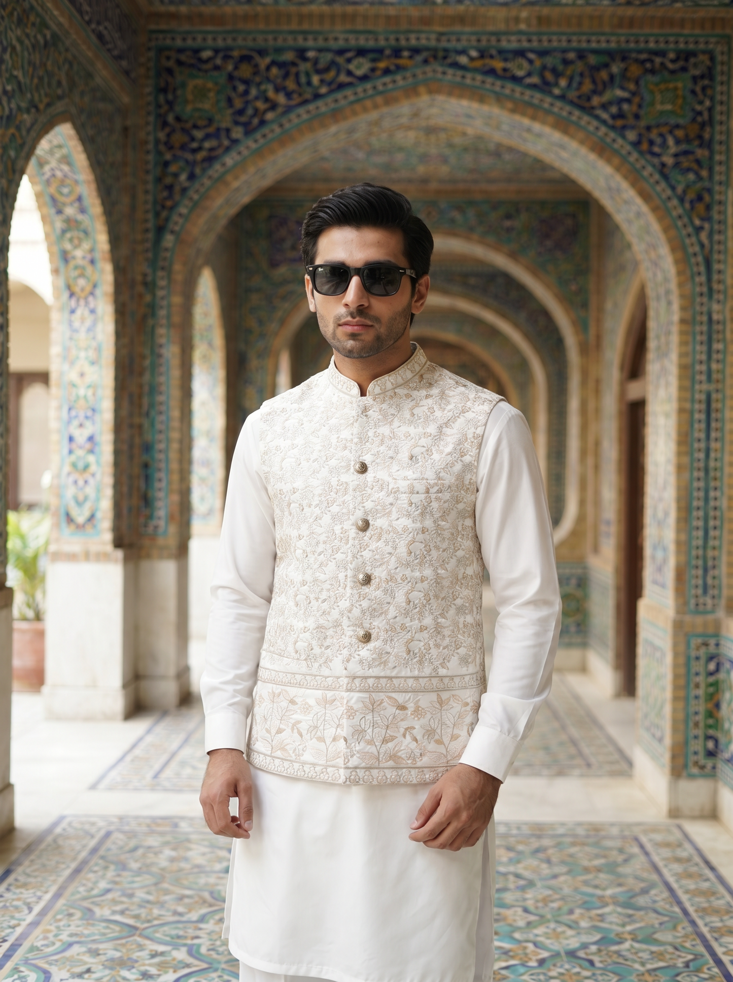 Mah-e-Tamam – Premium Ivory Floral Embroidered Festive Waistcoat
