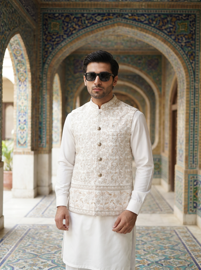 Mah-e-Tamam – Premium Ivory Floral Embroidered Festive Waistcoat