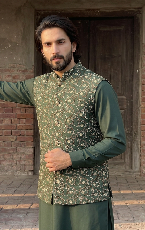 Sikandar – Premium Dark Green Cotton Silk Doree Zari Embroidered Waistcoat