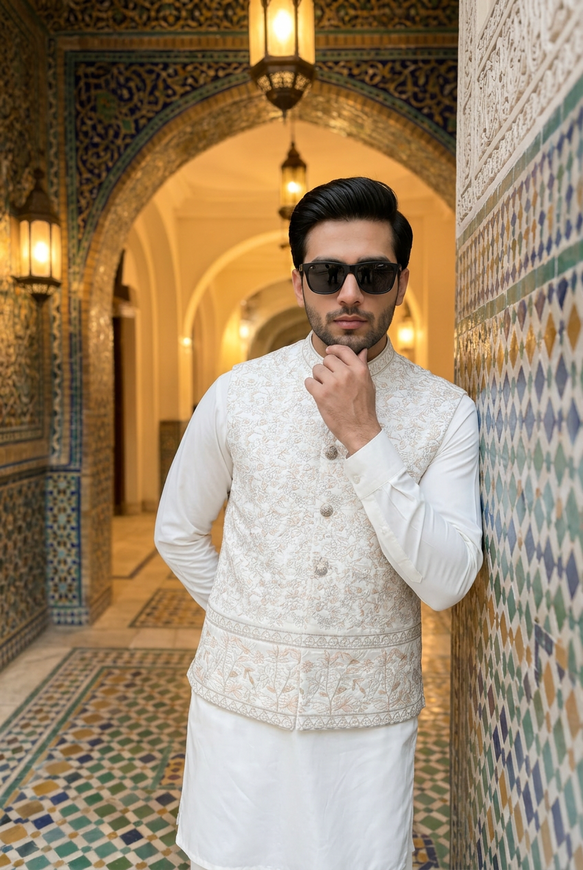 Mah-e-Tamam – Premium Ivory Floral Embroidered Festive Waistcoat