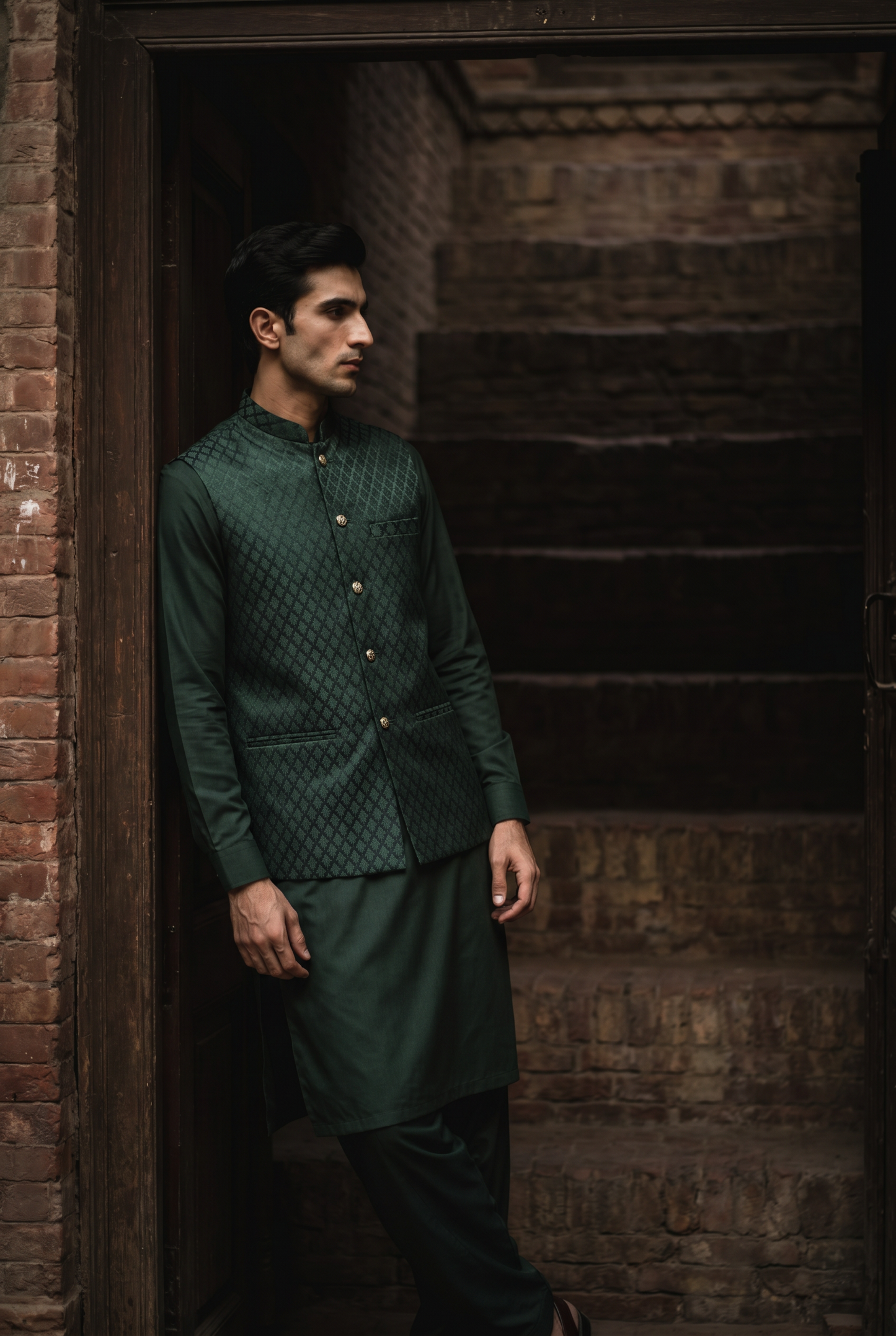 Yusuf – Premium Bottle Green Satin Poly Embroidered Waistcoat