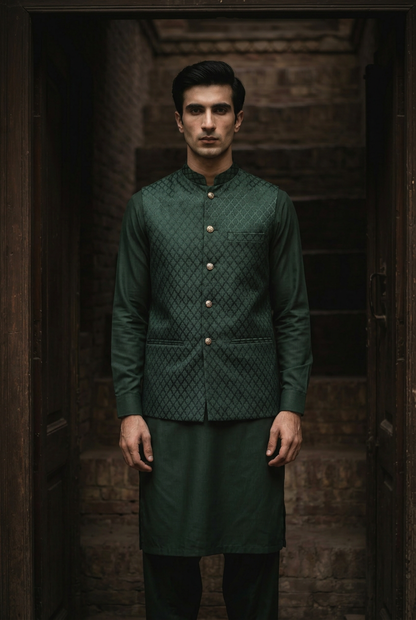 Yusuf – Premium Bottle Green Satin Poly Embroidered Waistcoat