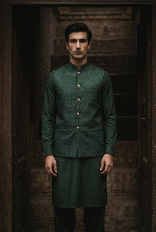 Yusuf – Premium Bottle Green Satin Poly Embroidered Waistcoat