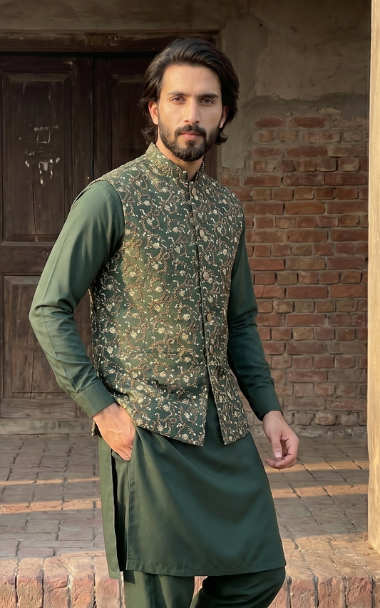Sikandar – Premium Dark Green Cotton Silk Doree Zari Embroidered Waistcoat