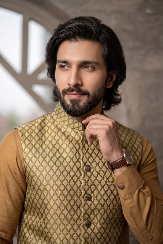 Kharif – Premium Mustard Gold Geometric Textured Waistcoat