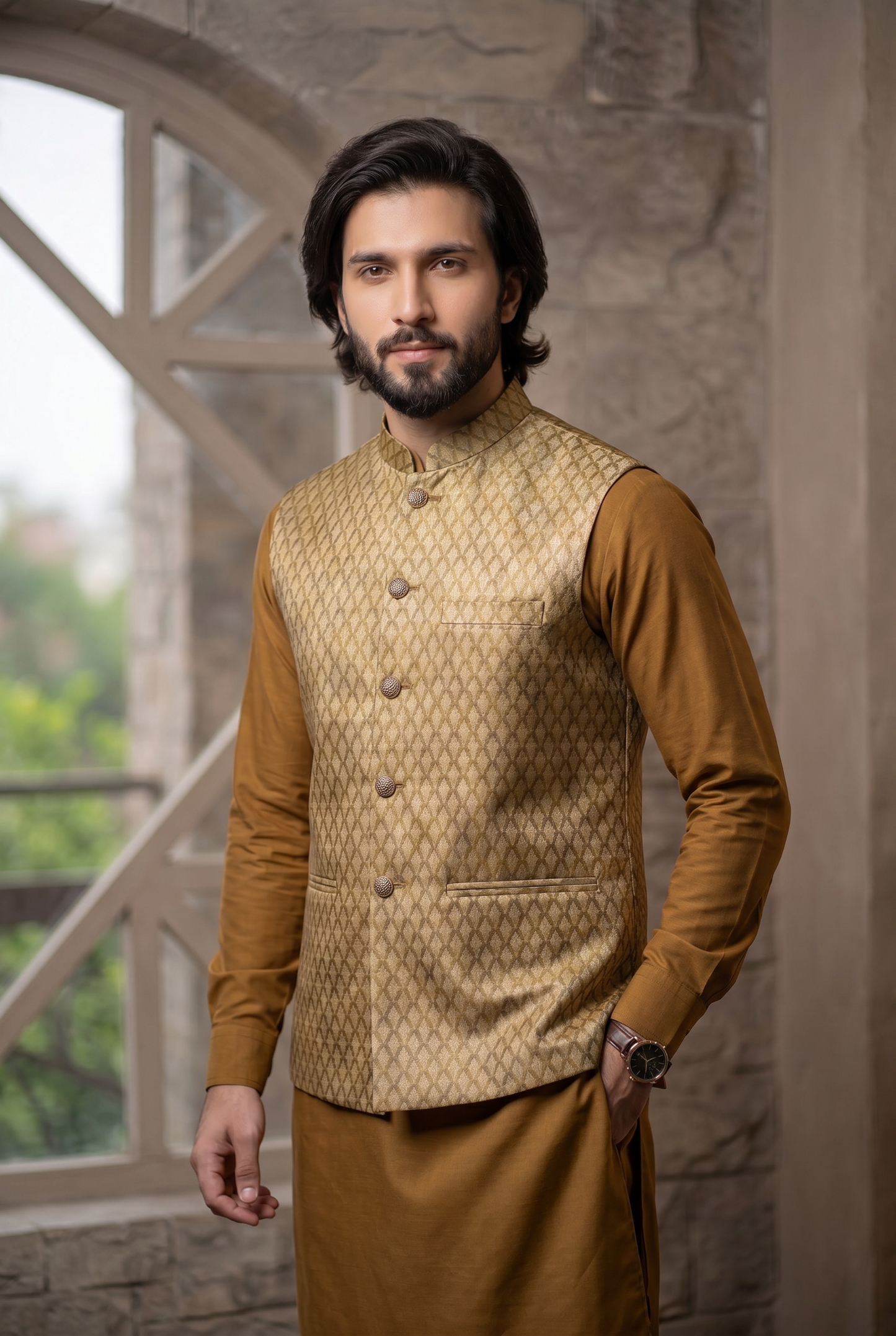 Kharif – Premium Mustard Gold Geometric Textured Waistcoat