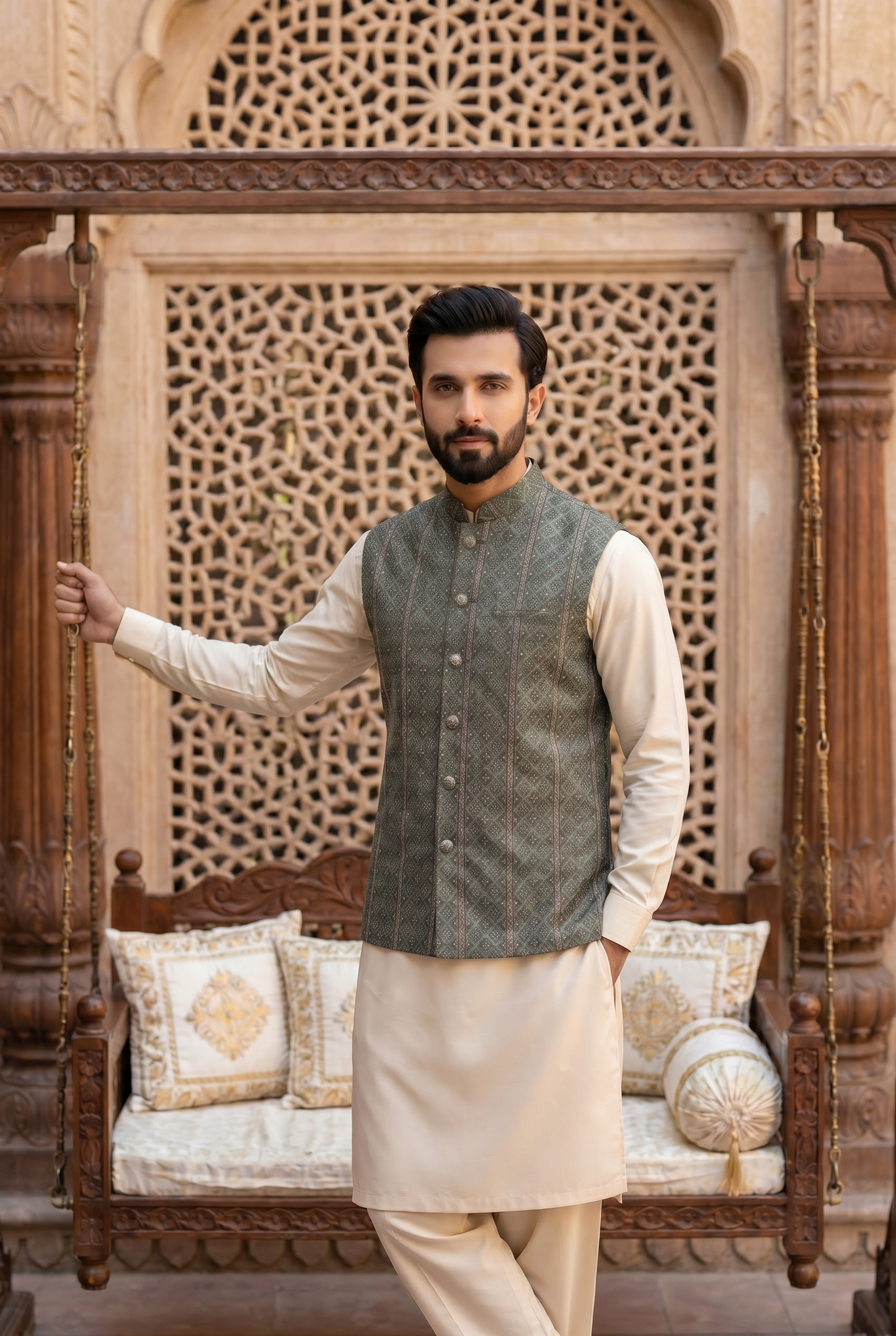 Zarqash  – Premium Olive Green Jacquard Multicolor Embroidered Waistcoat