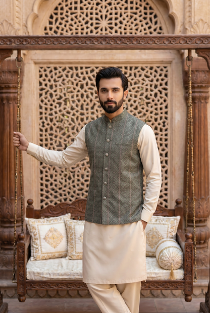 Zarqash  – Premium Olive Green Jacquard Multicolor Embroidered Waistcoat